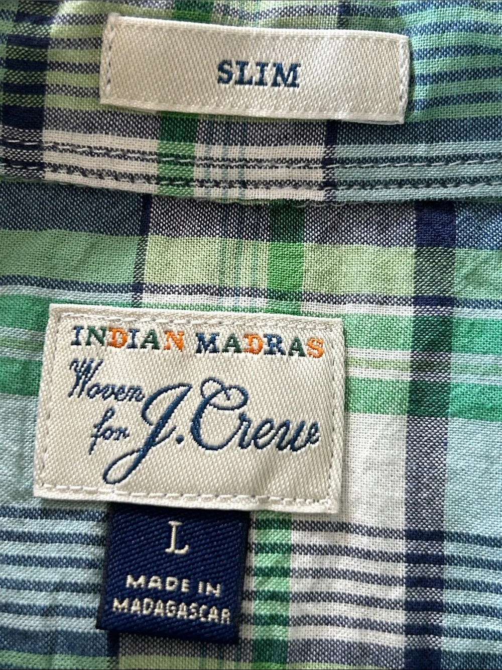 J Crew Indian Madras Shirt Sz L w MEASUREMENTS Kelly Green Plaid, Slim
